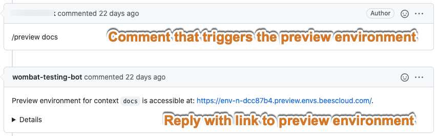 PR comment in GitHub