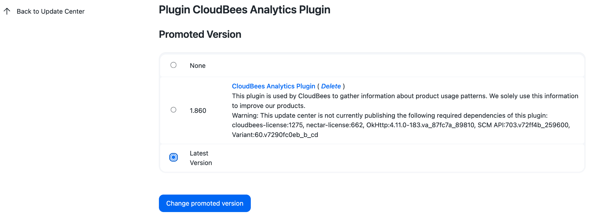 Figure 9. The plugins details screen with a version of the plugin installed in the Update Center Update Center - Plugins tab details screen