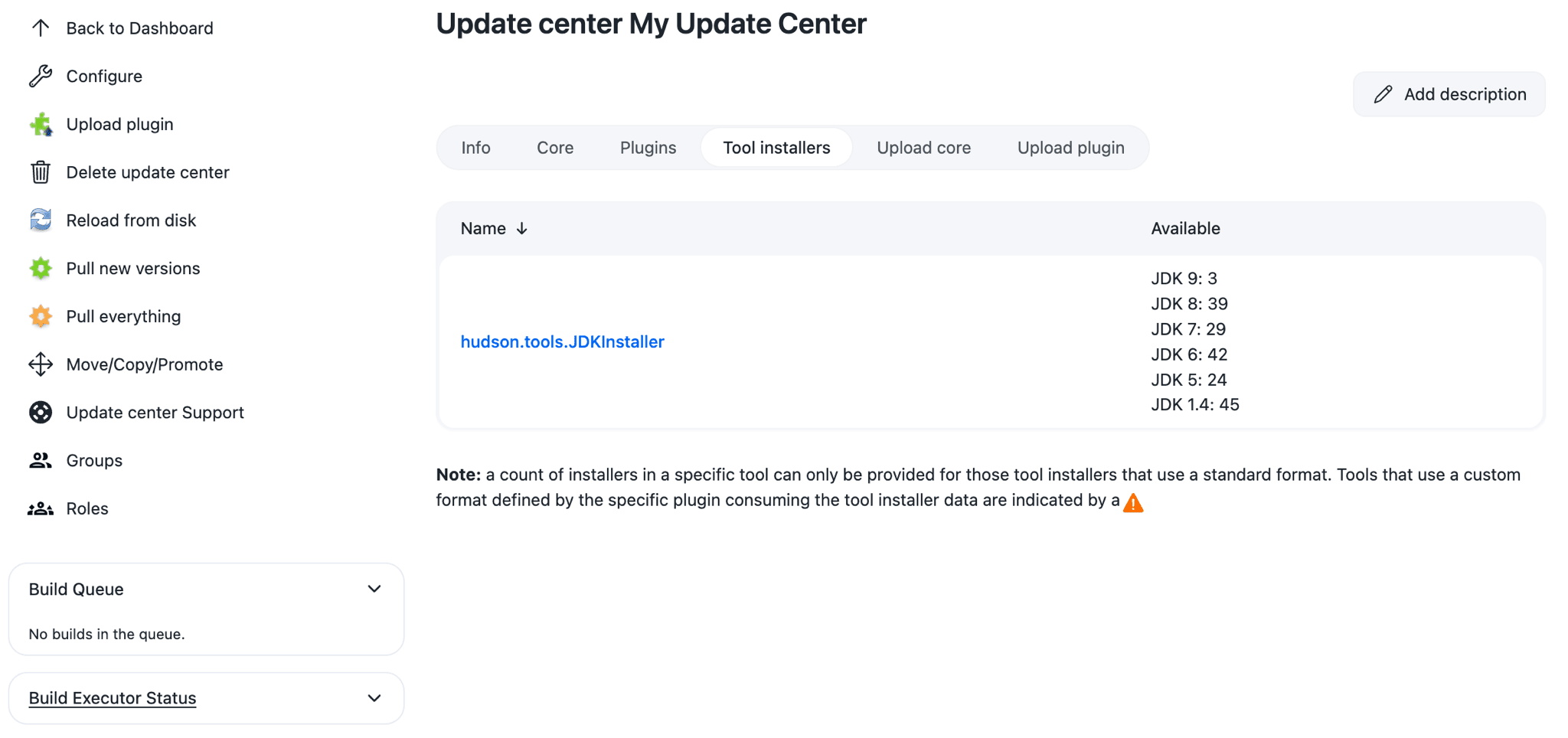 Figure 10. The Tool installers tab of the Update Center screen Update Center - Tool installers tab