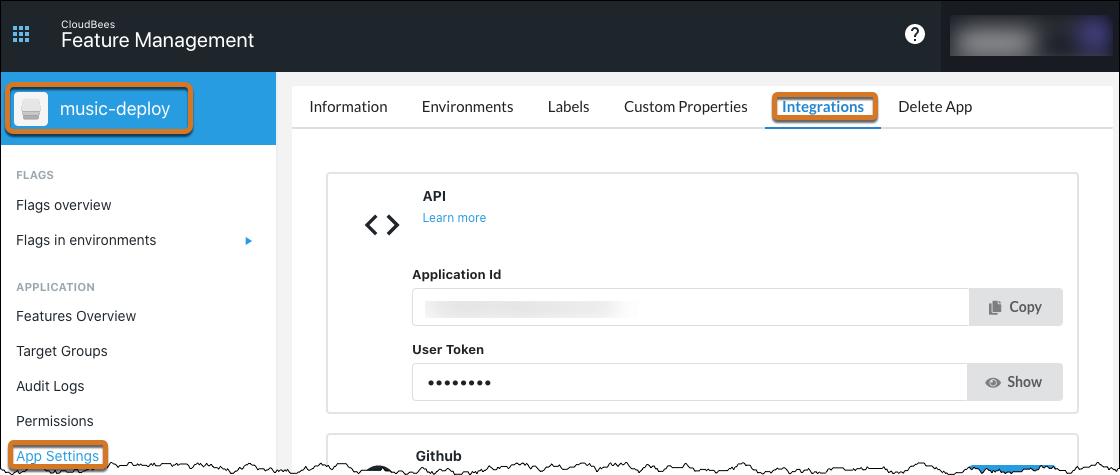 The CloudBees Feature Management Integrations tab.