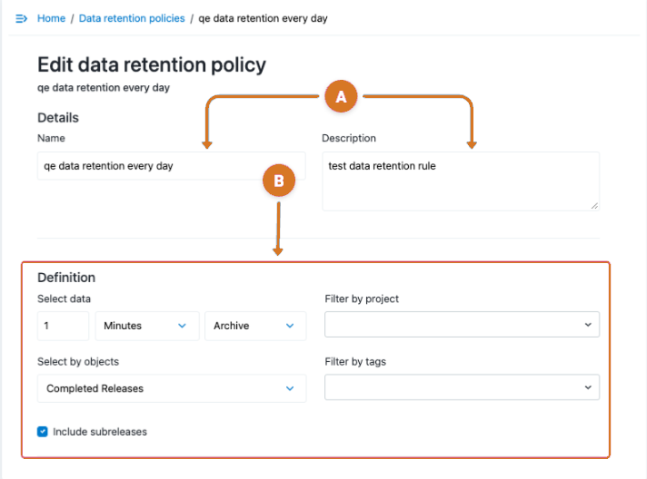 Edit data retention policy