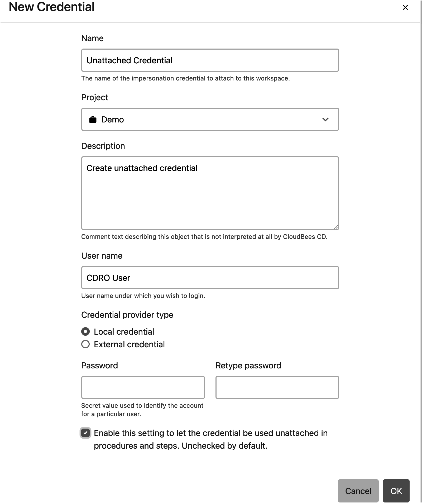 Creating an unattached credential