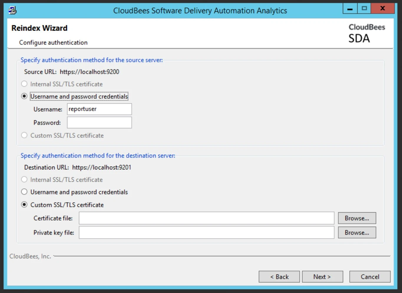 CloudBees Analytics installer GUI server configuration