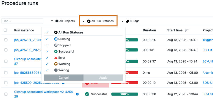 Figure 2. Run Statuses filter Run Statuses filter