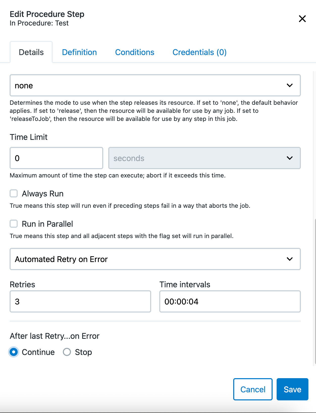 Configure automated retry on error for procedure steps