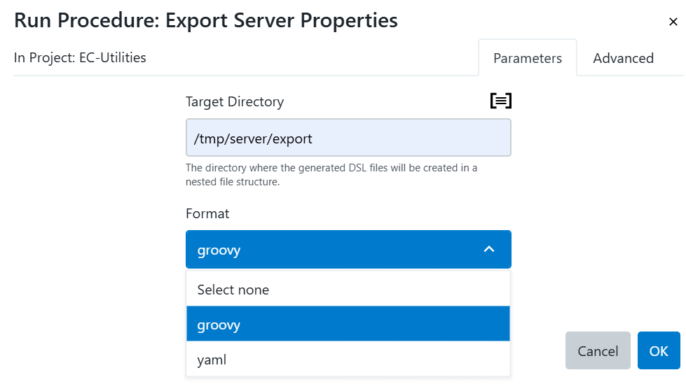 Export server properties - run procedure