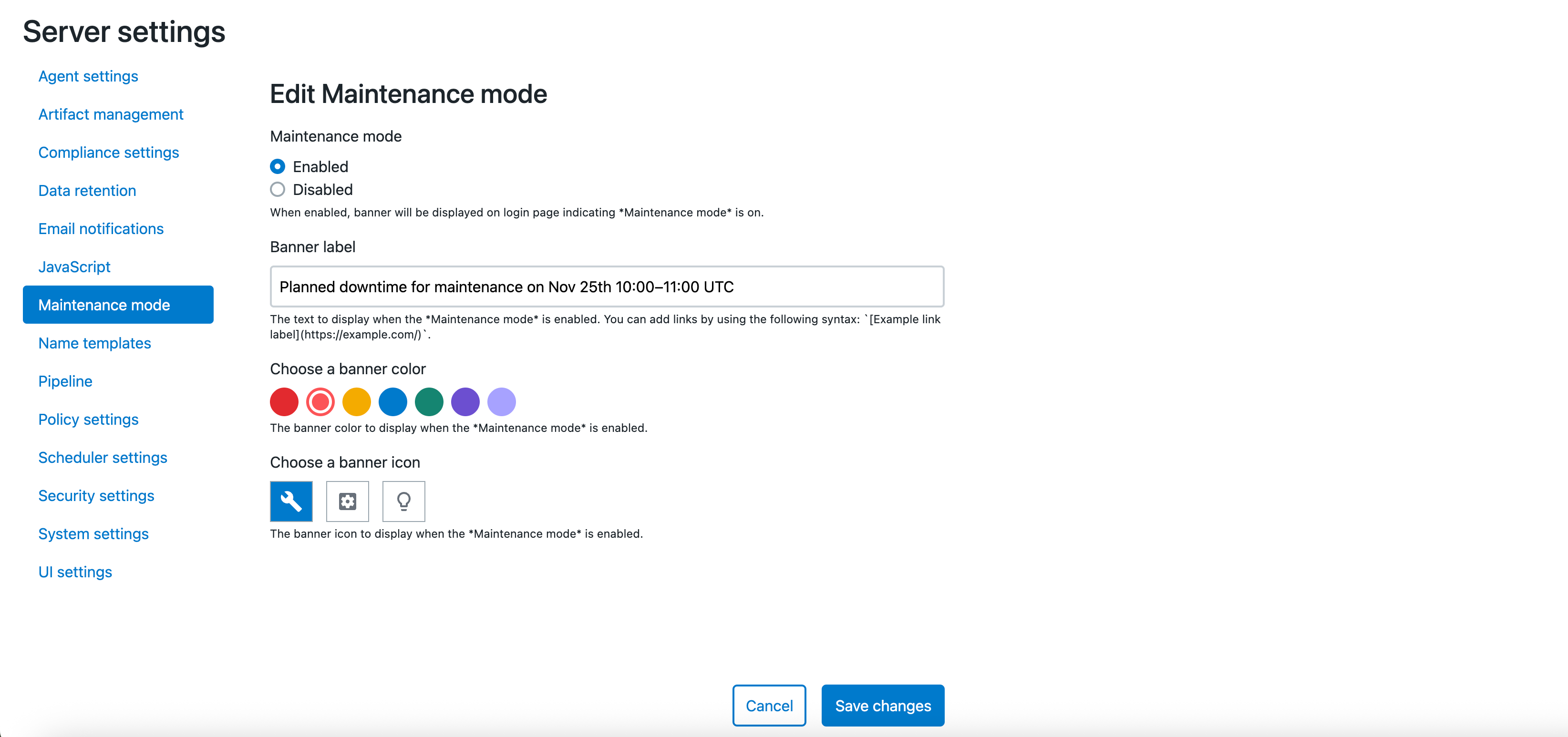 Maintenance mode settings