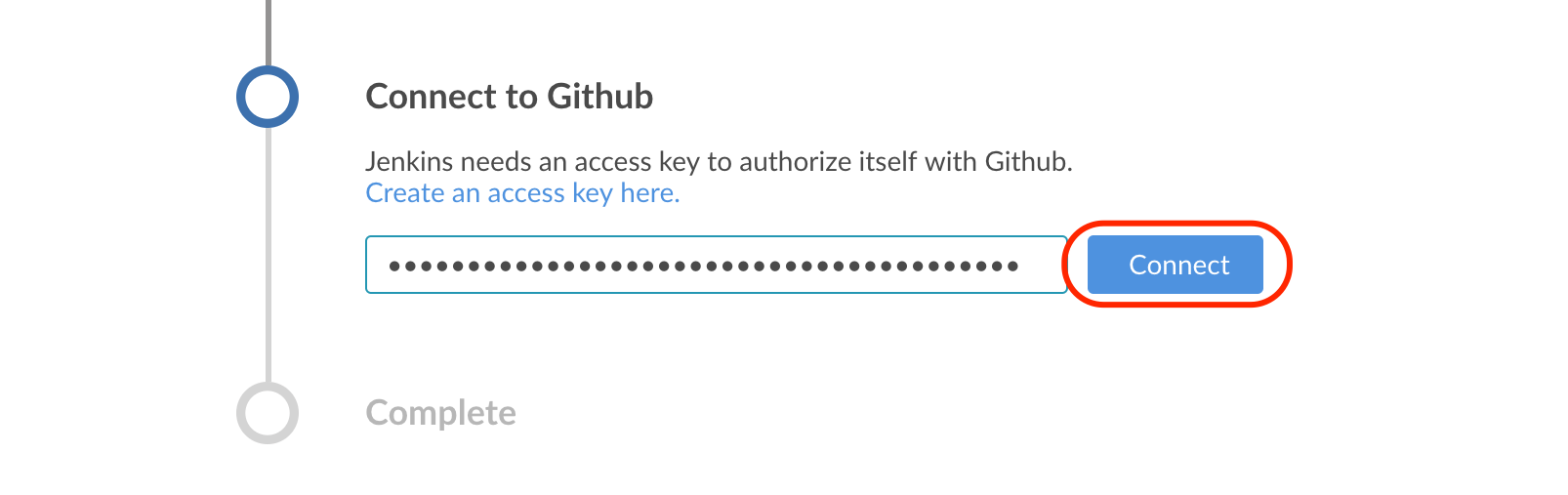 Pipeline creation - GitHub personal access token pasted into CloudBees CI, connect button highlighted