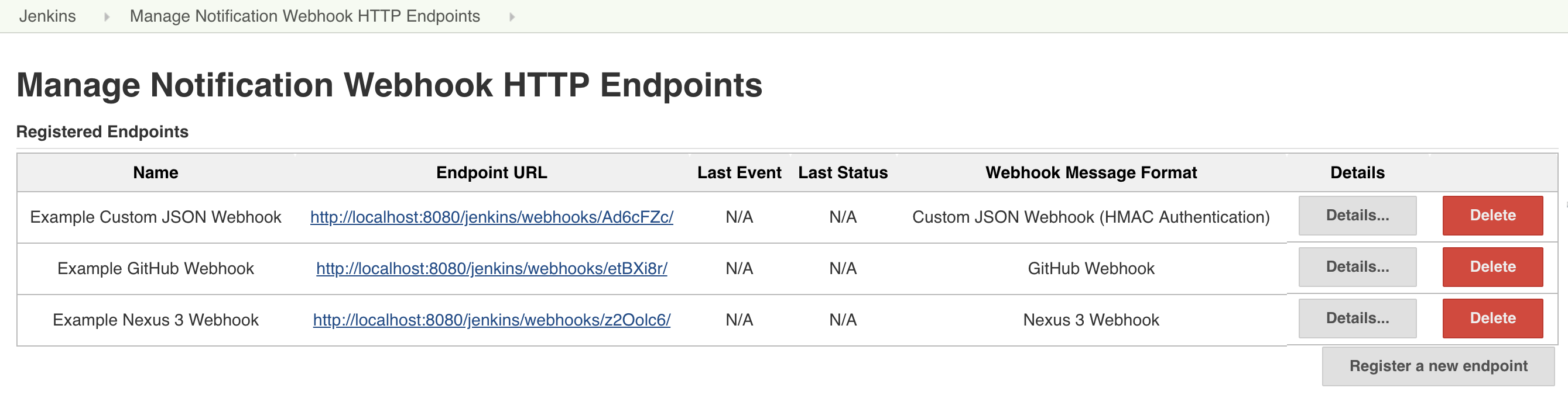 Figure 3. The external HTTP endpoints configuration page