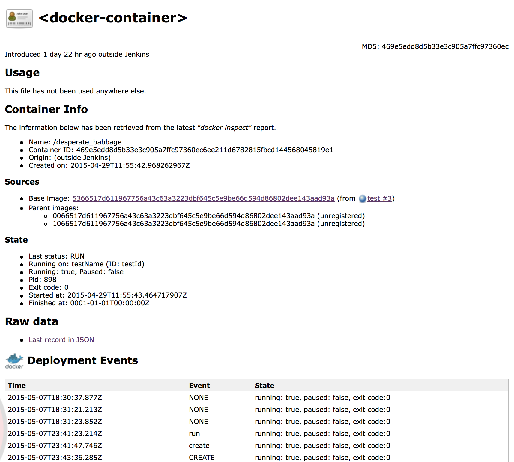 Figure 2. Container info and deployment events on the container page