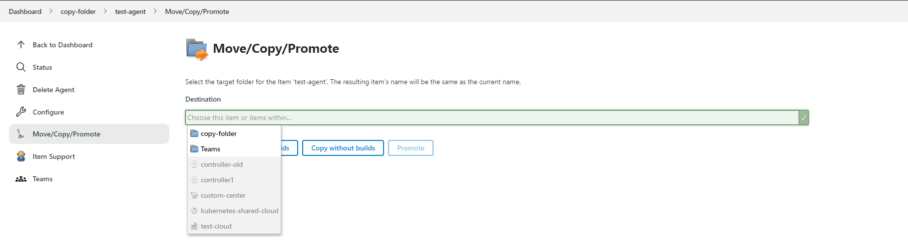 Figure 1. The Move/Copy/Promote operation provided by the Operations Center Context plugin, replacing the Move operation provided by the Folders plugin.