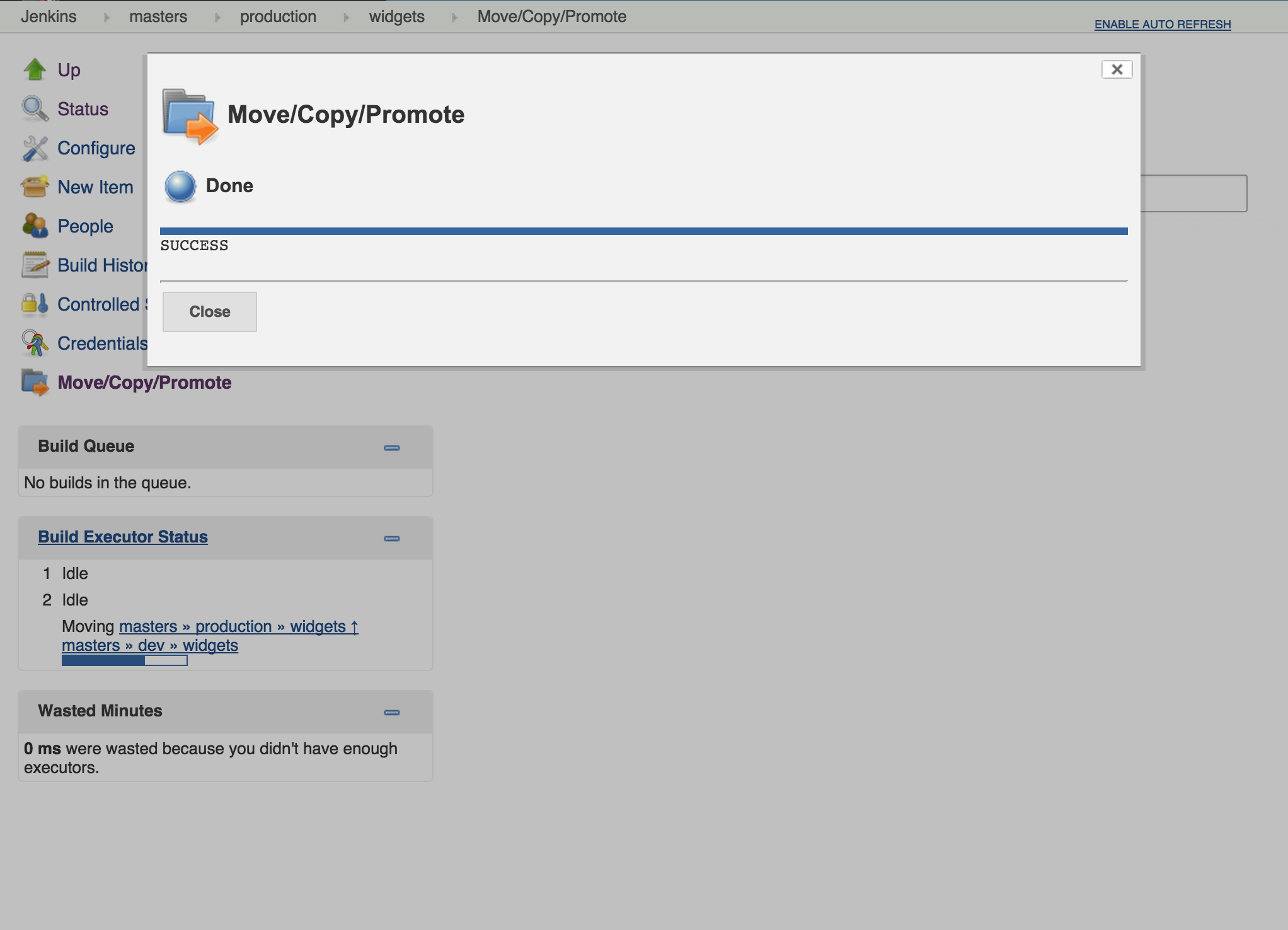 Figure 9. A successfully completed move/copy/promote request. Clicking Close will redirect the browser to the destination item.