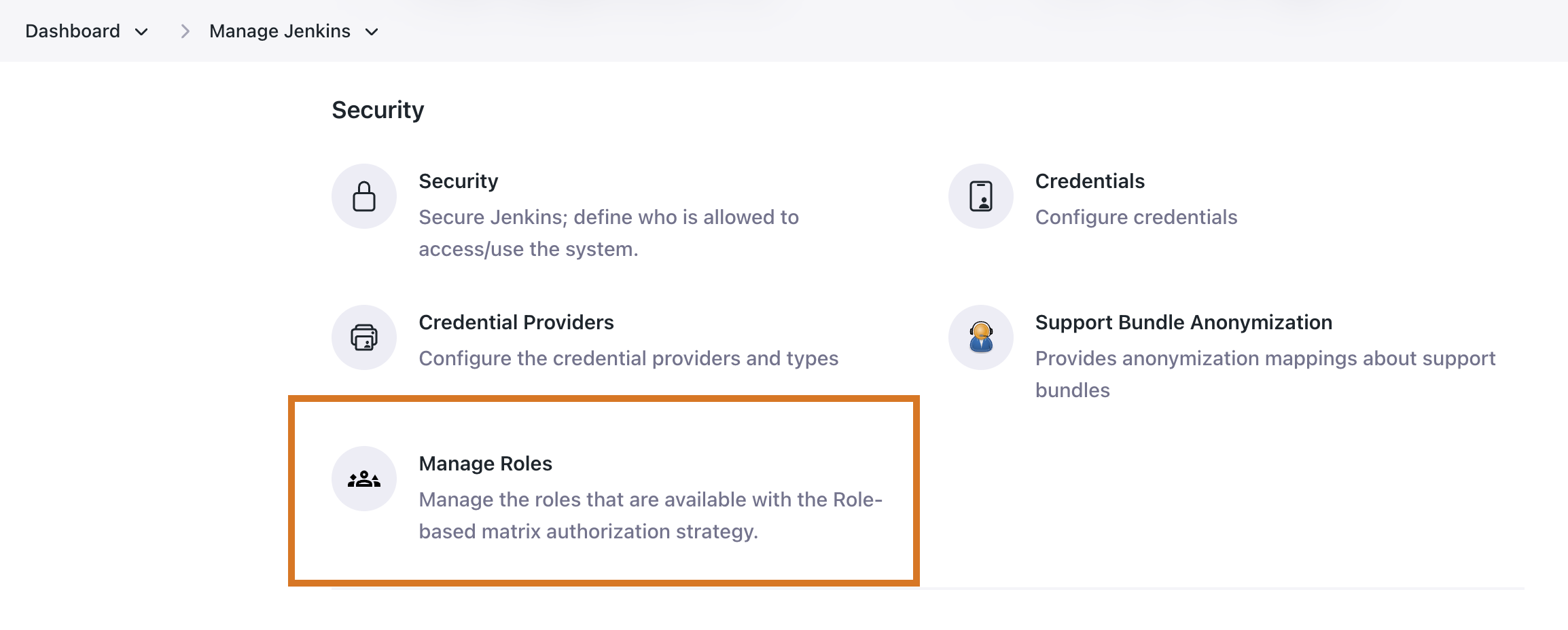 Figure 3. The Manage Roles action from the main Manage Jenkins screen