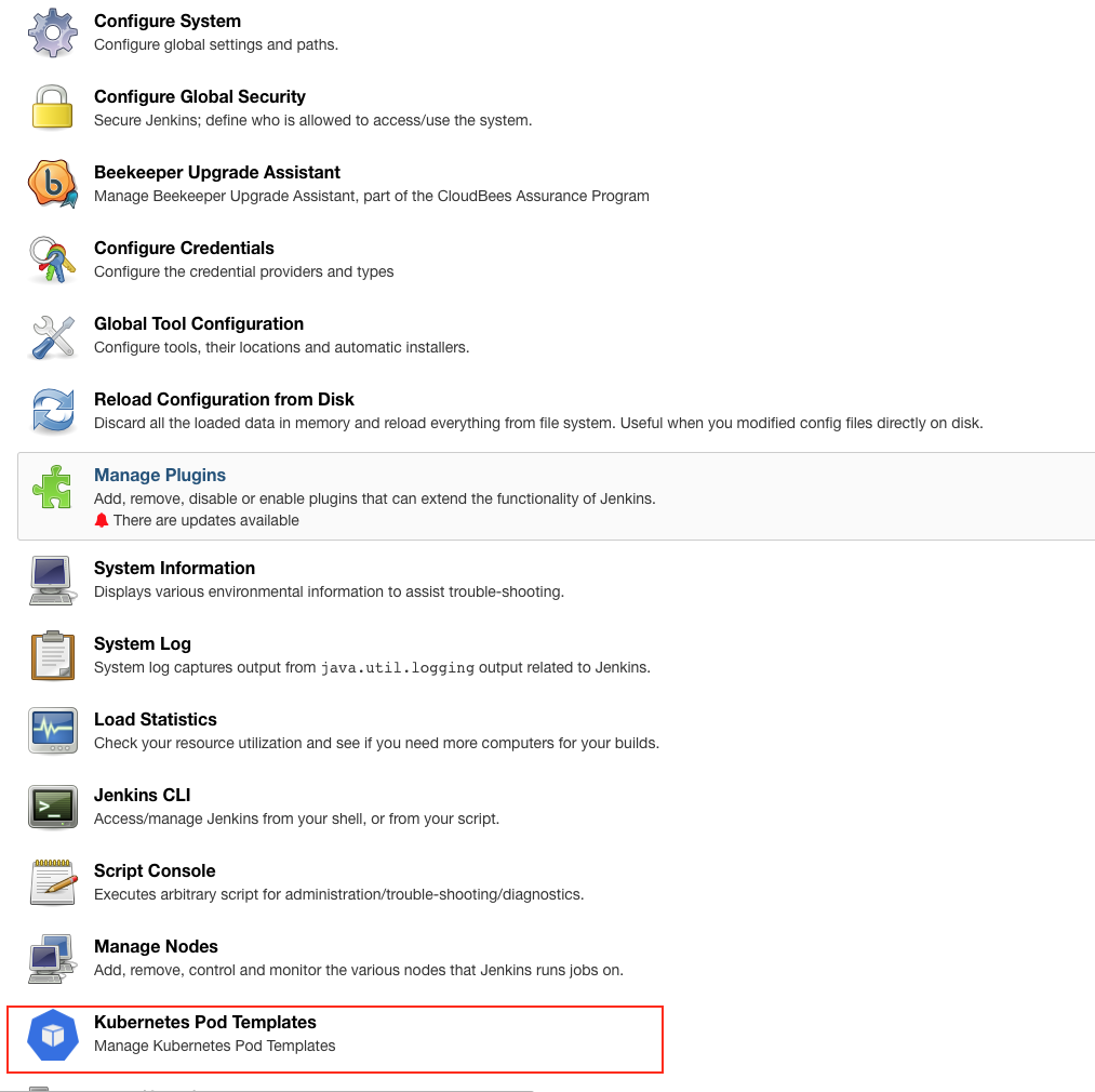 manage jenkins kubernetes pod templates