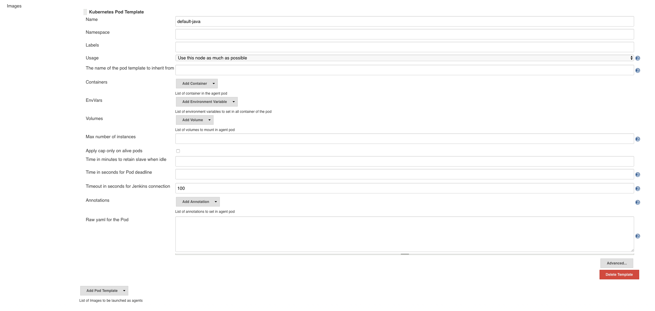 Edit pod template settings