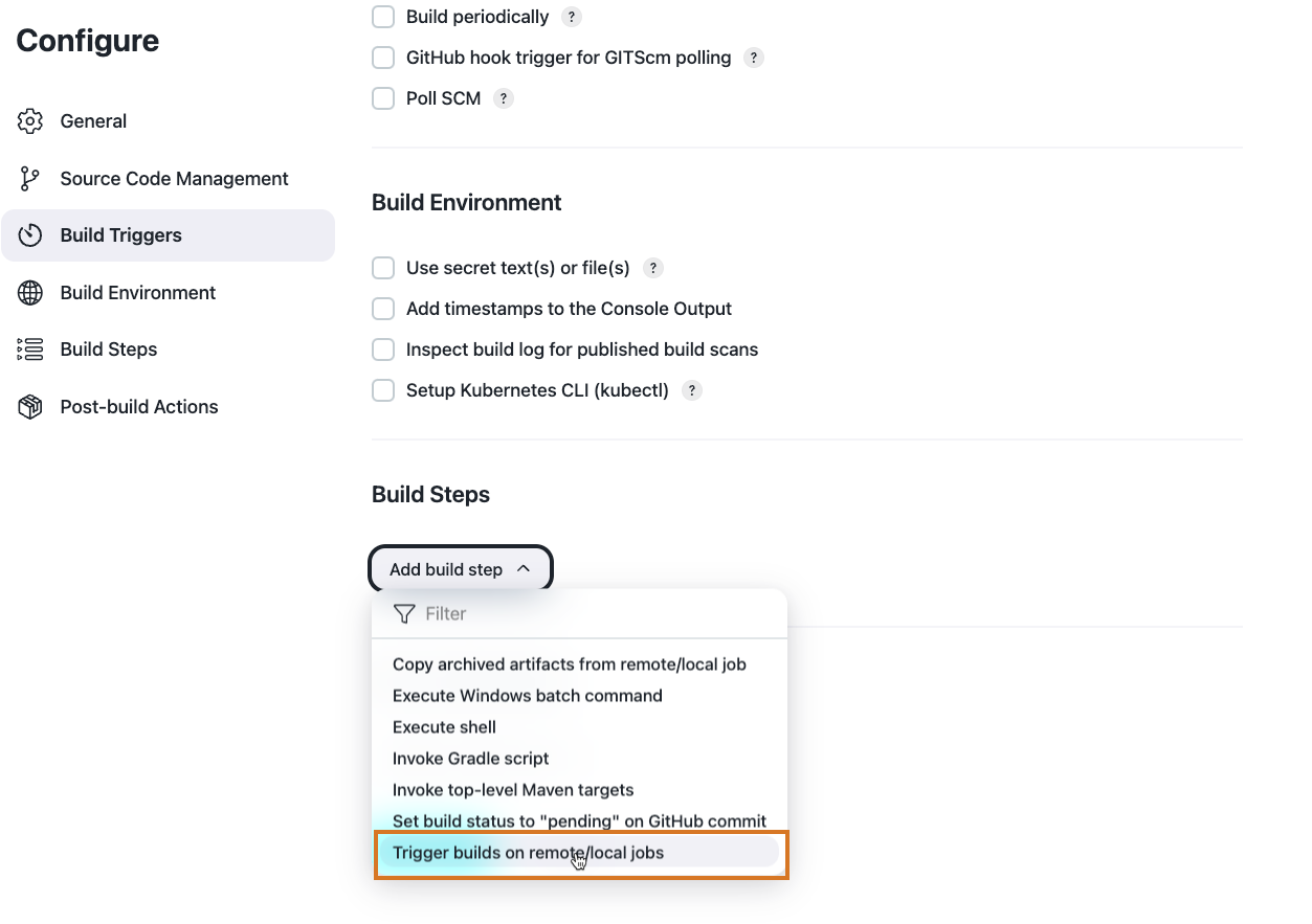 Figure 1. Adding a build step to trigger jobs across the operations center cluster