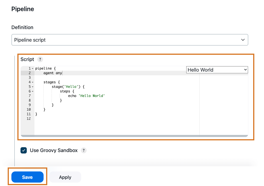 In the *Script* text area, enter a Pipeline and click Save