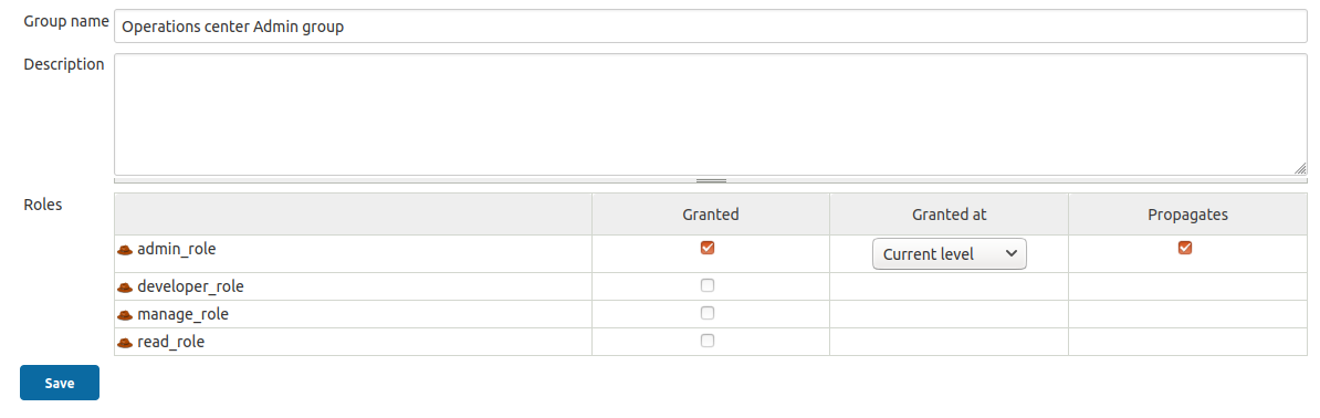 Example attribution of admin_role to the Admin group with propagation