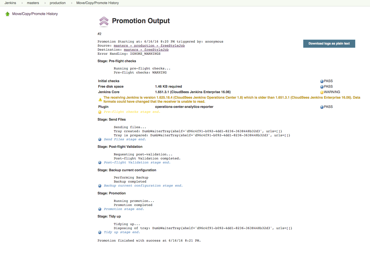 Figure 11. The detailed logs of a failed promote operation accessed via Jenkins  Manage Jenkins  Move/Copy/Promote History
