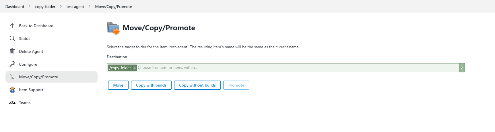 Figure 2. The initial screen. The default destination reflects the current location of the item to be moved (in this case a folder called "widgets")