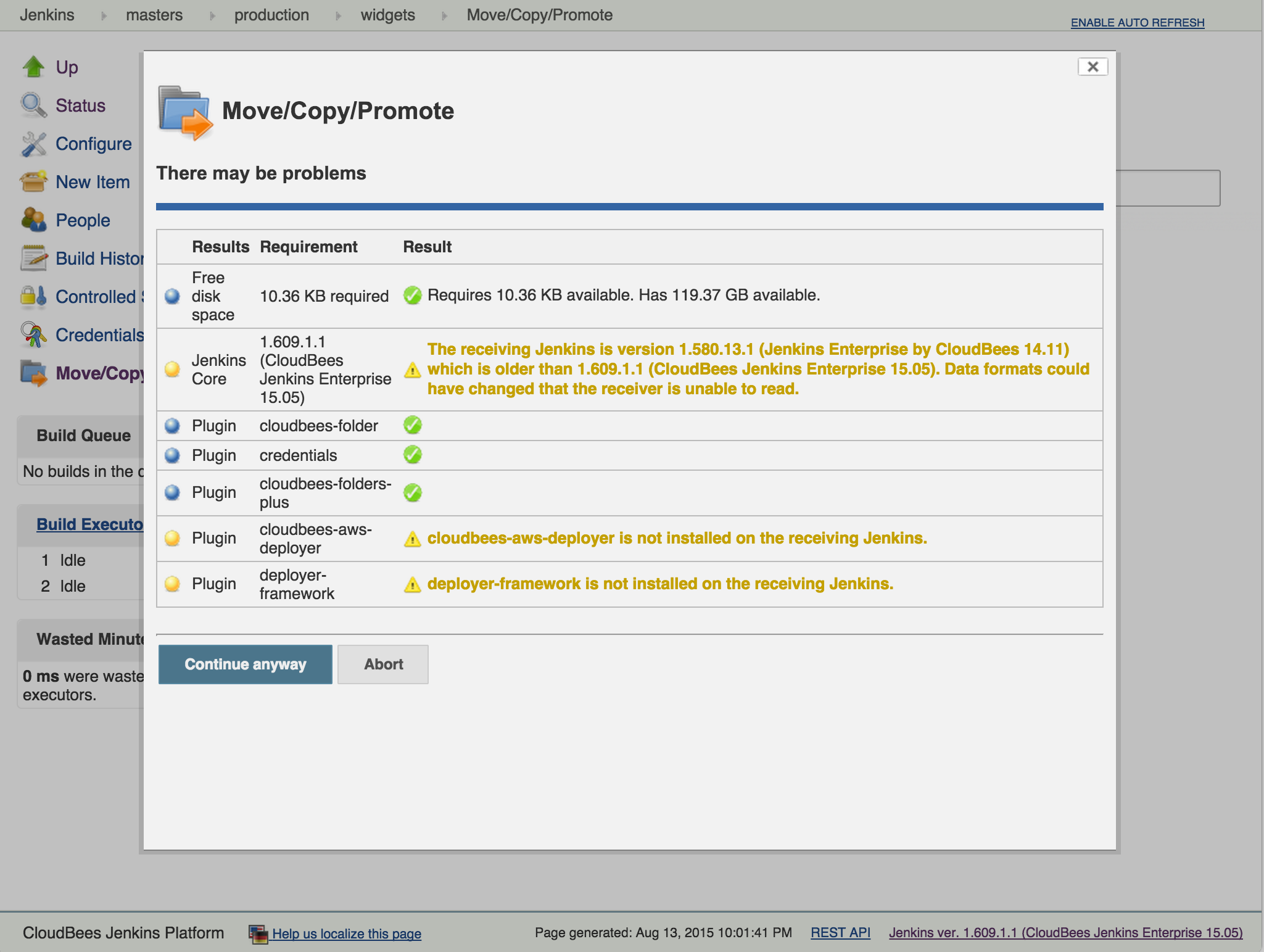 Figure 5. A move/copy/promote request where the validation identified some problems (in this case there are some missing plugins and the destination controller is running an older version of Jenkins)