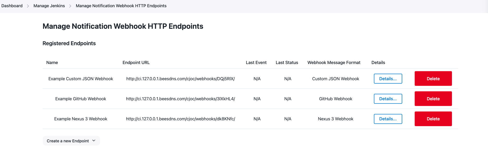 Figure 3. The external HTTP endpoints configuration page