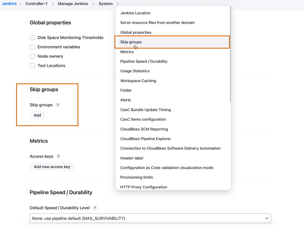 skip groups global config navigate