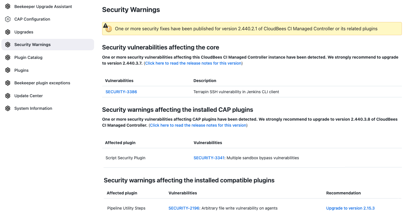 Security Warnings page