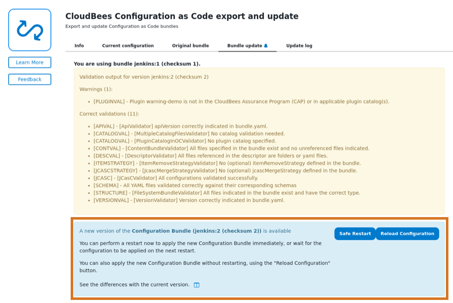 Figure 1. Use the Reload Configuration button, if present, to perform a Hot Reload bundle update validation reload restart