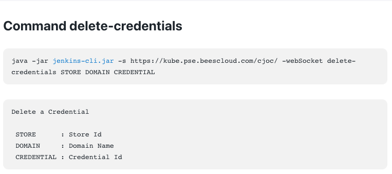 The Jenkins CLI command for removing credentials from a credentials store