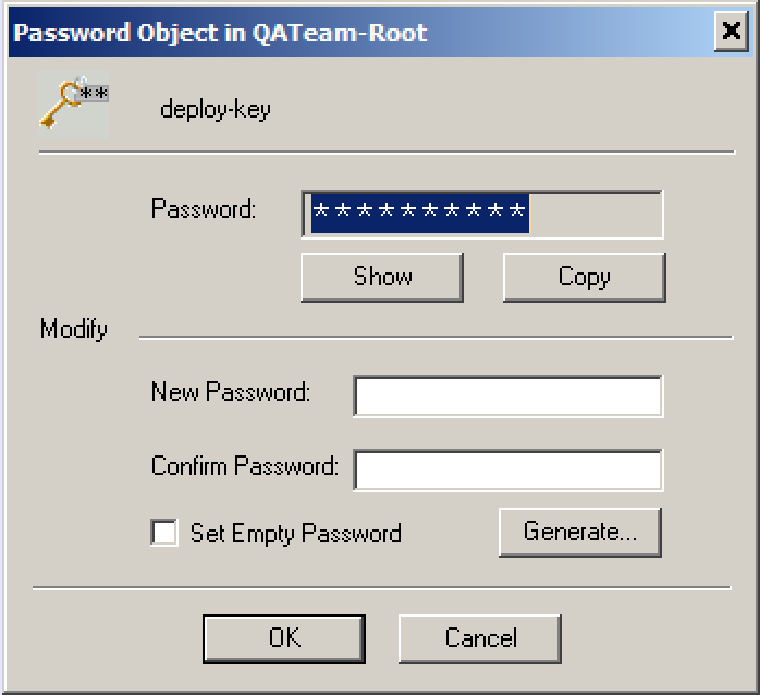 PrivateArk Microsoft Windows Native client screenshot of the Password Object dialog for a password object with Object Id `deploy-key`