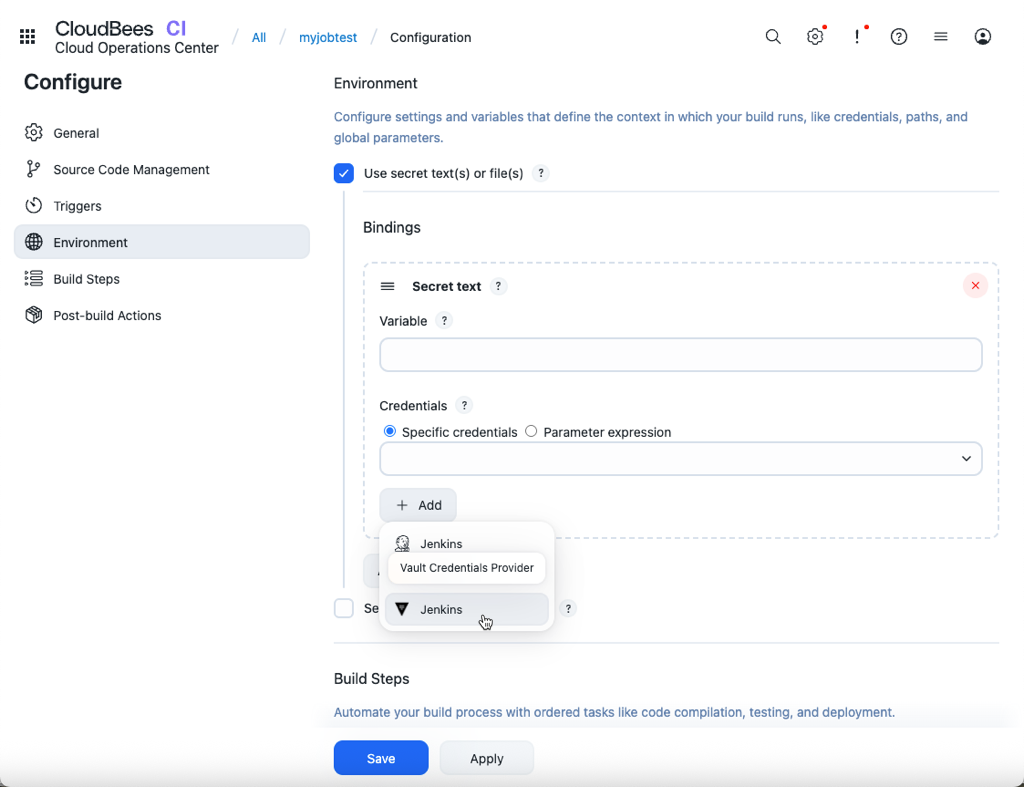 Add HashiCorp Vault credential to a job