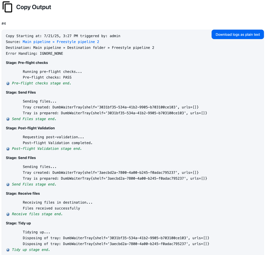 Figure 11. The detailed logs of a failed promote operation accessed via Manage Jenkins  Move/Copy/Promote History