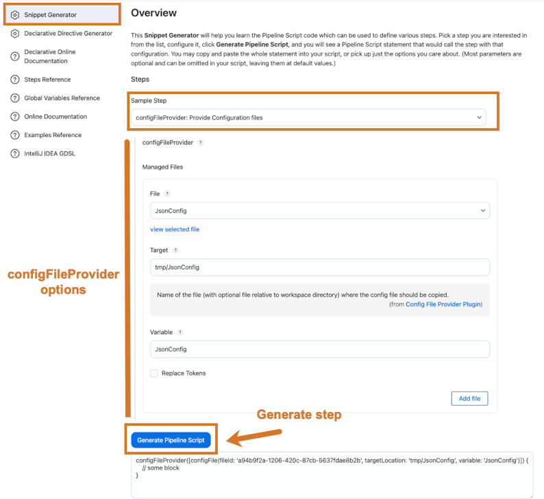 Pipeline Syntax screen for the configFileProvider step