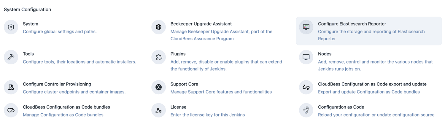 Configure Elasticsearch Reporter from Manage Jenkins screen.