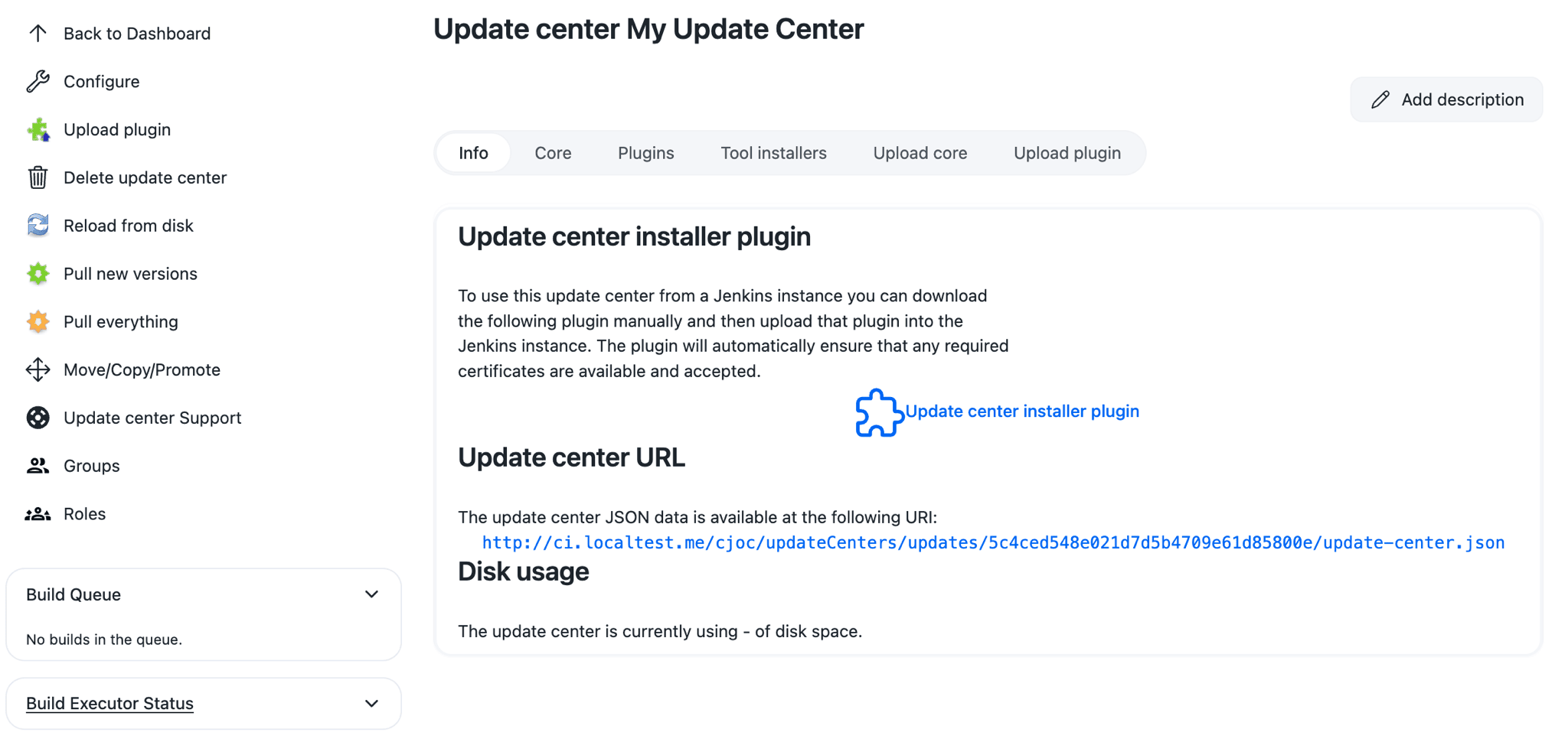 Update Center information screen