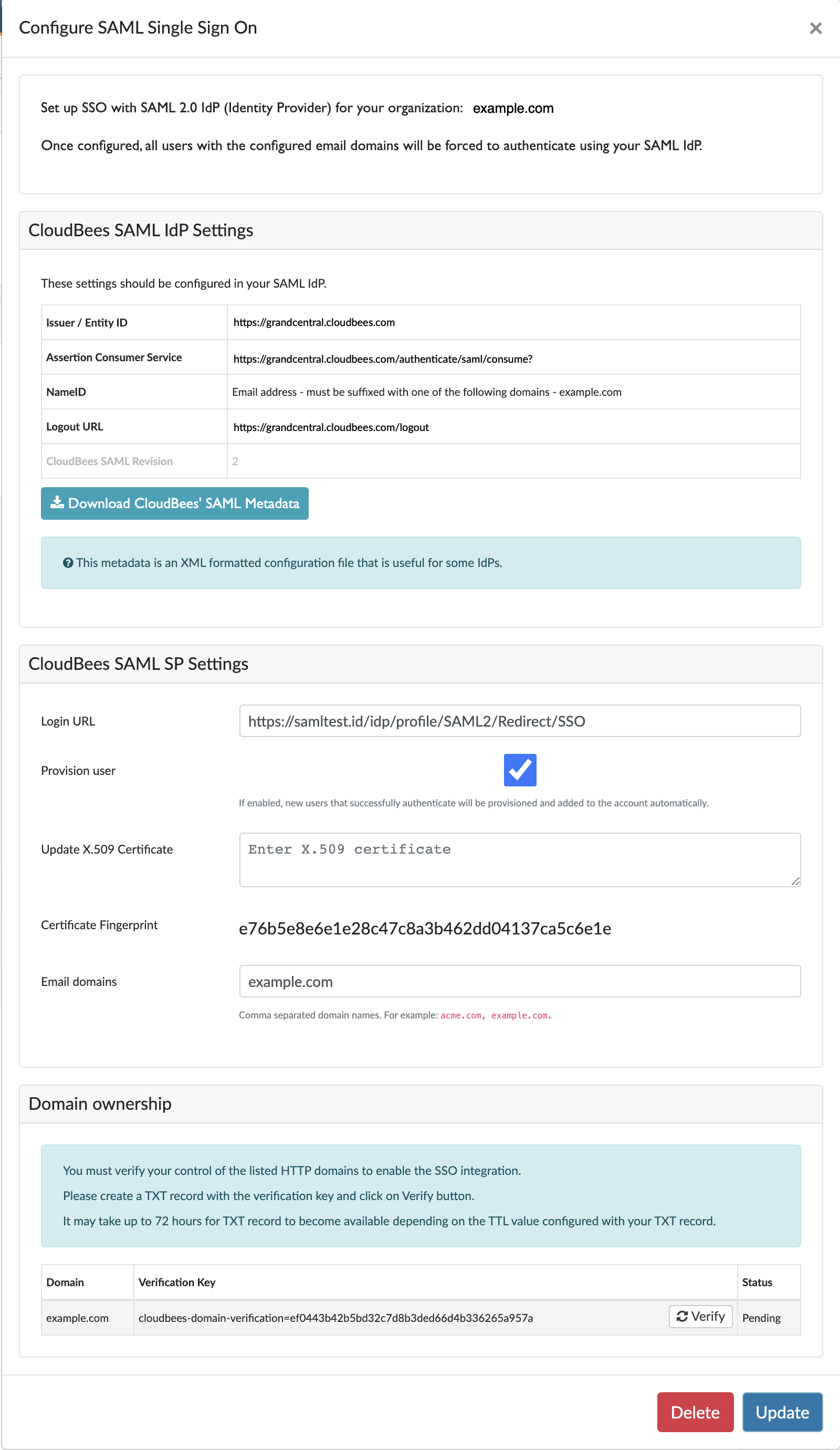 Completed SSO SAML screen