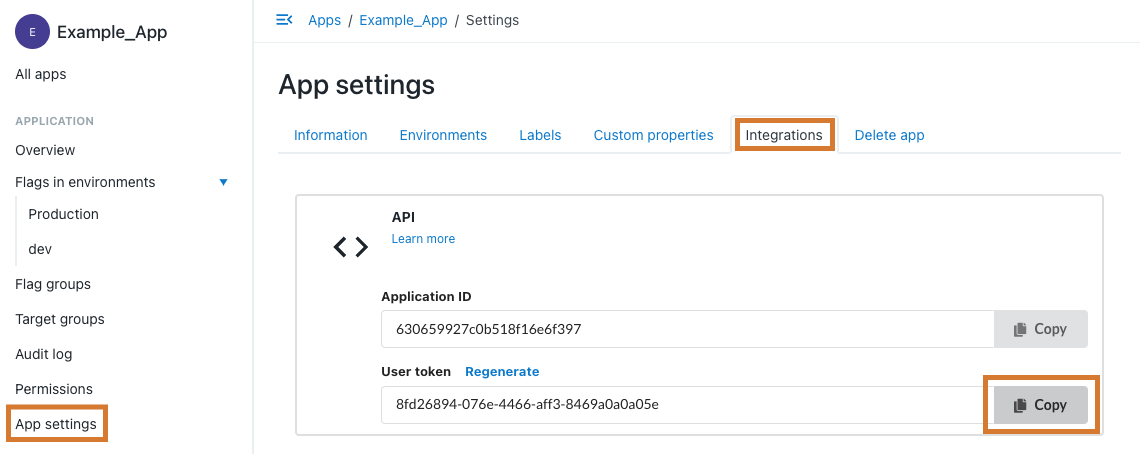 Selecting Copy to copy the User token.