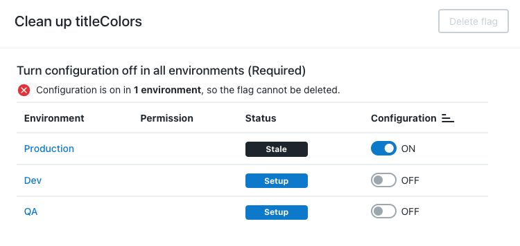 The flag cleanup table displaying a warning when configuration is **ON**