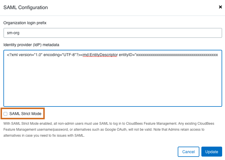 SAML configuration (with example metadata excerpt) highlighting SAML Strict Mode option.