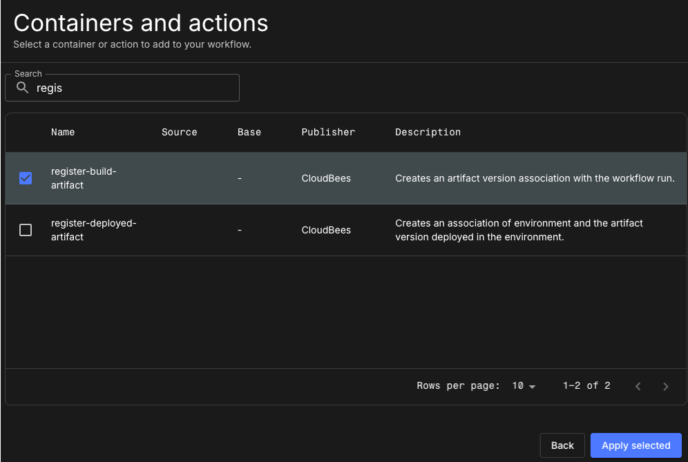 Figure 1. Selecting the Register a build artifact action from the catalog. Action catalog