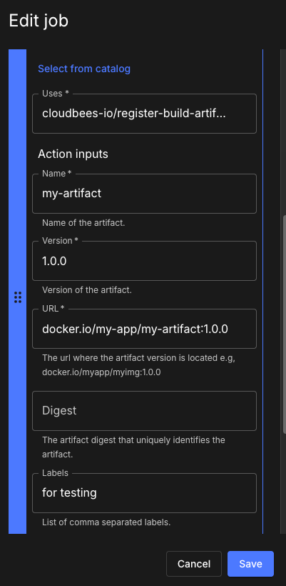 Figure 2. Configuring the Register a build artifact action. Configure an action