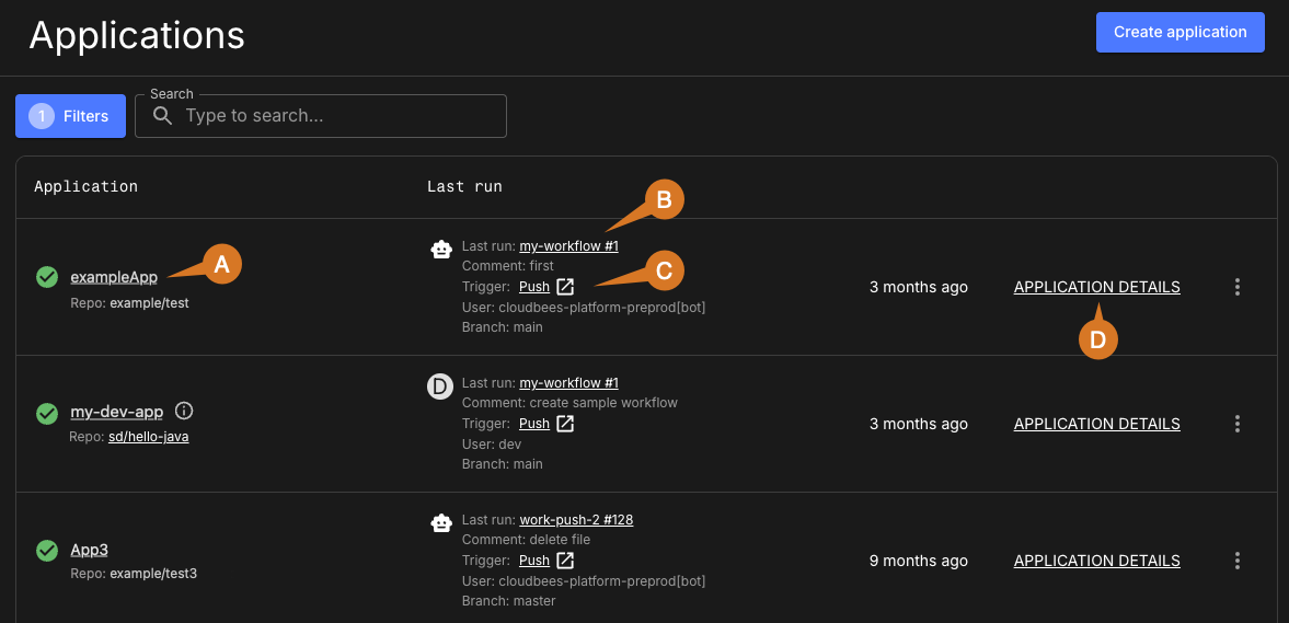 Figure 1. An example application list filtering for successful runs. Application filter
