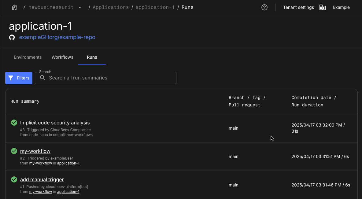 Figure 3. An example application run list. Application run list