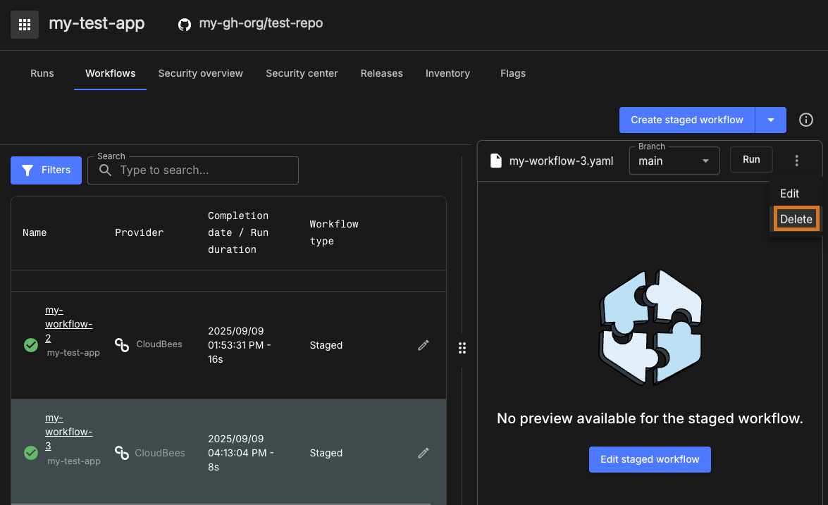 Delete a staged workflow