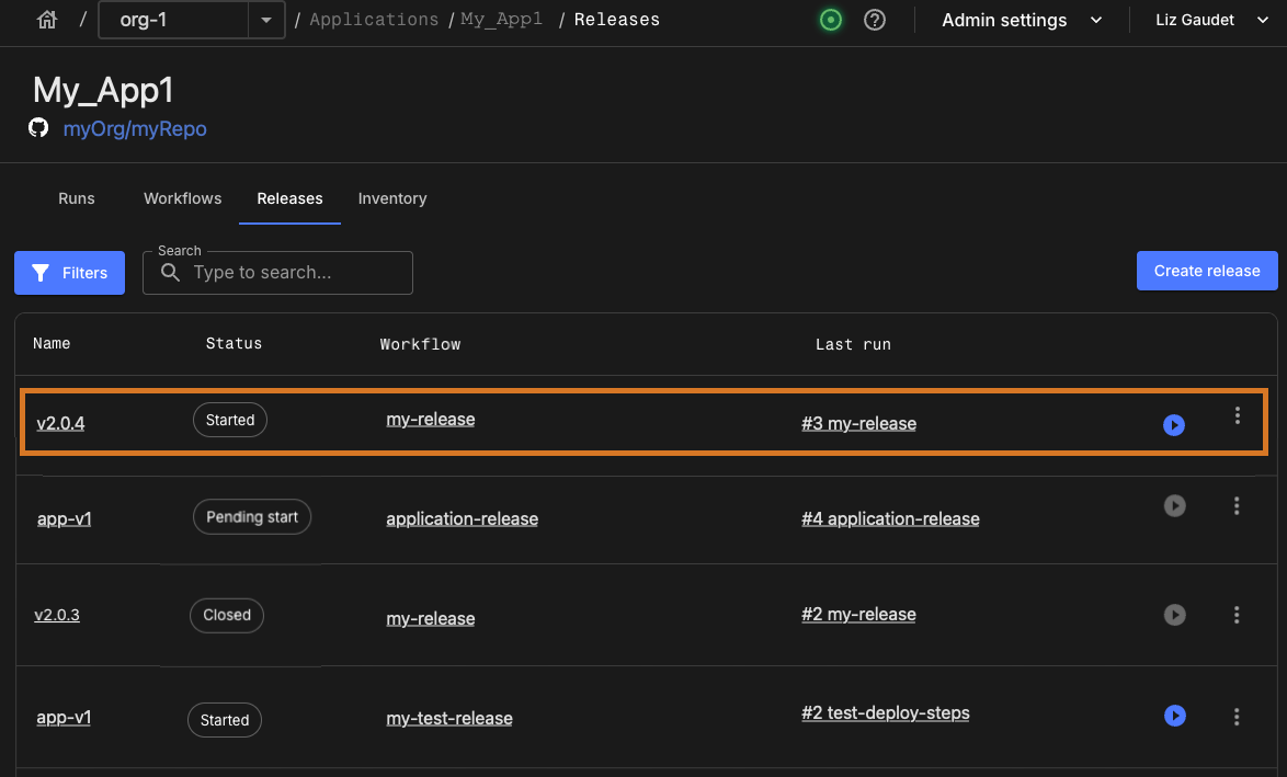 Figure 1. Example release highlighted in Releases. Release highlighted