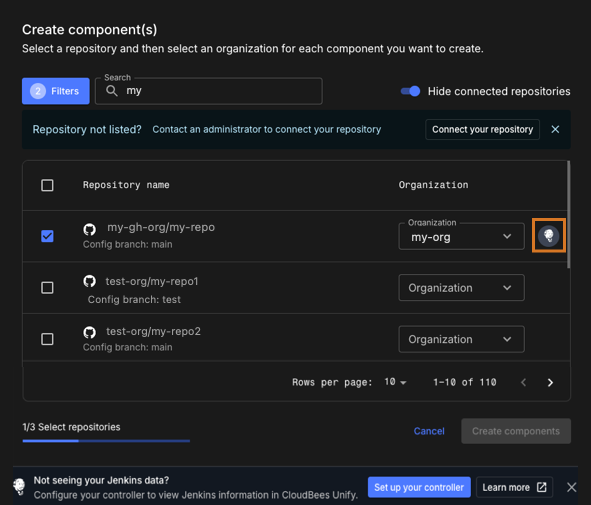 Figure 1. A Jenkins-integrated repository is highlighted. Bulk component creation