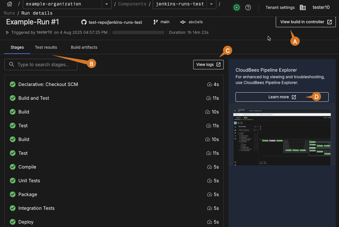 Figure 3. An example CloudBees CI build in Run details. CI in run details