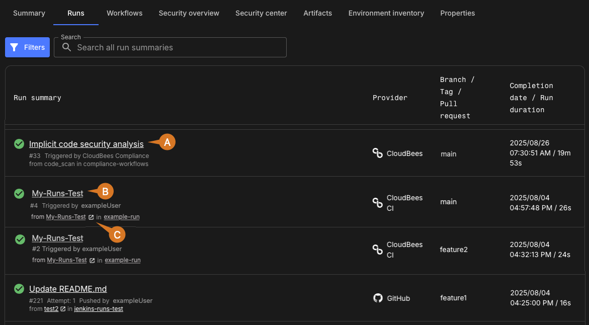 Figure 2. CloudBees CI builds in the Runs list. CI in runs