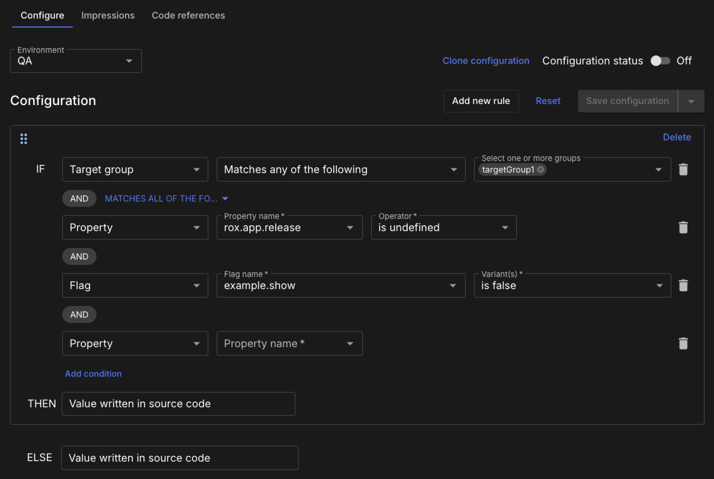 Figure 1. Configuring a flag with a nested ruleset. All flag condition types